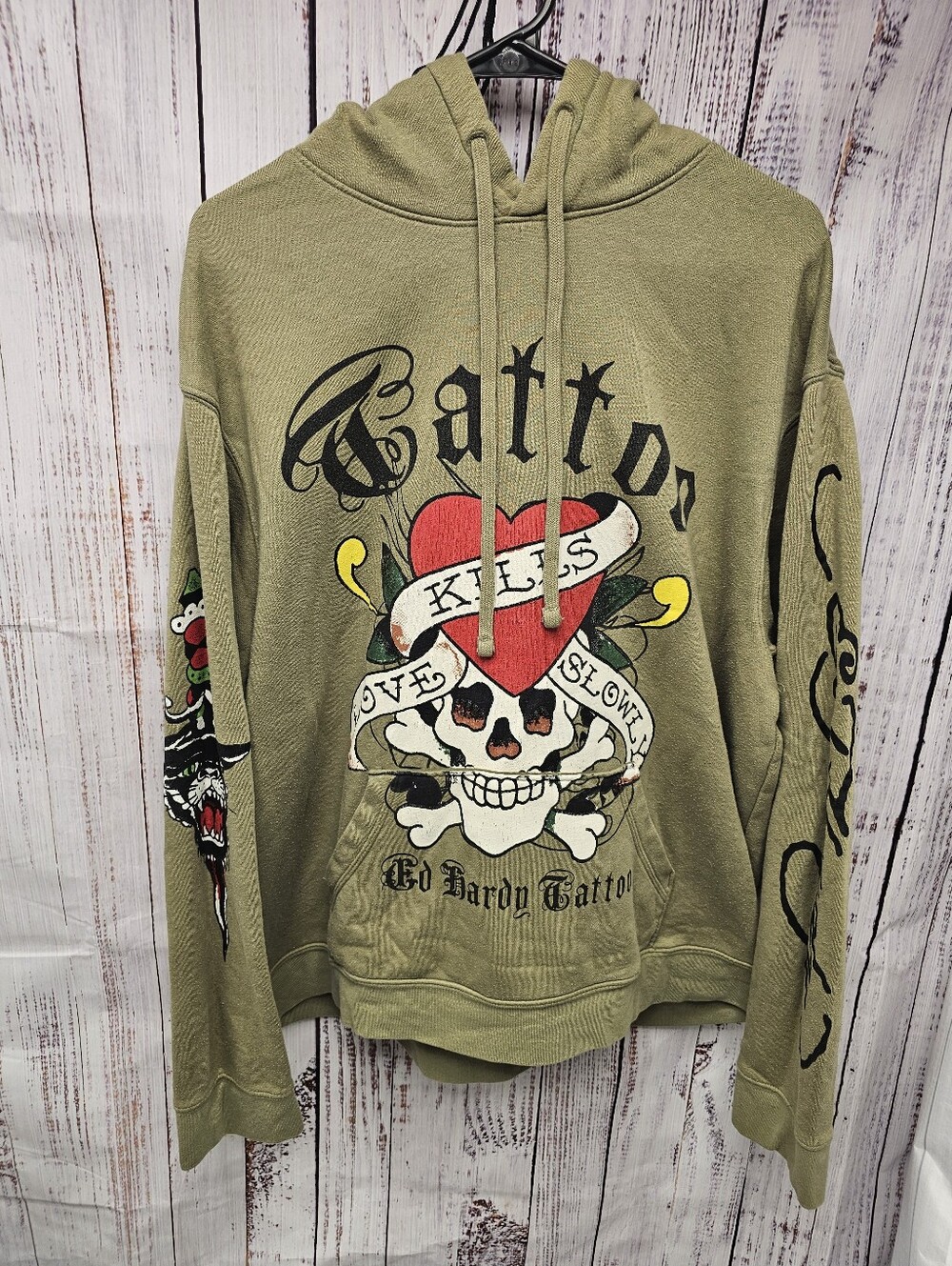 Vintage Ed Hardy Hooded Sweatshirt Men's Size XL Olive Green Skull Tattoo